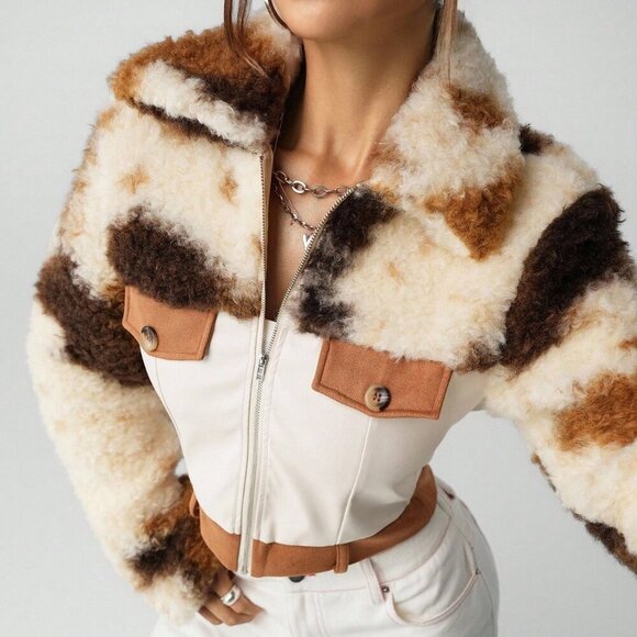 western Casual Women's faux Leather & faux Fur Patchwork Cropped Jacket, - Picture 7 of 8